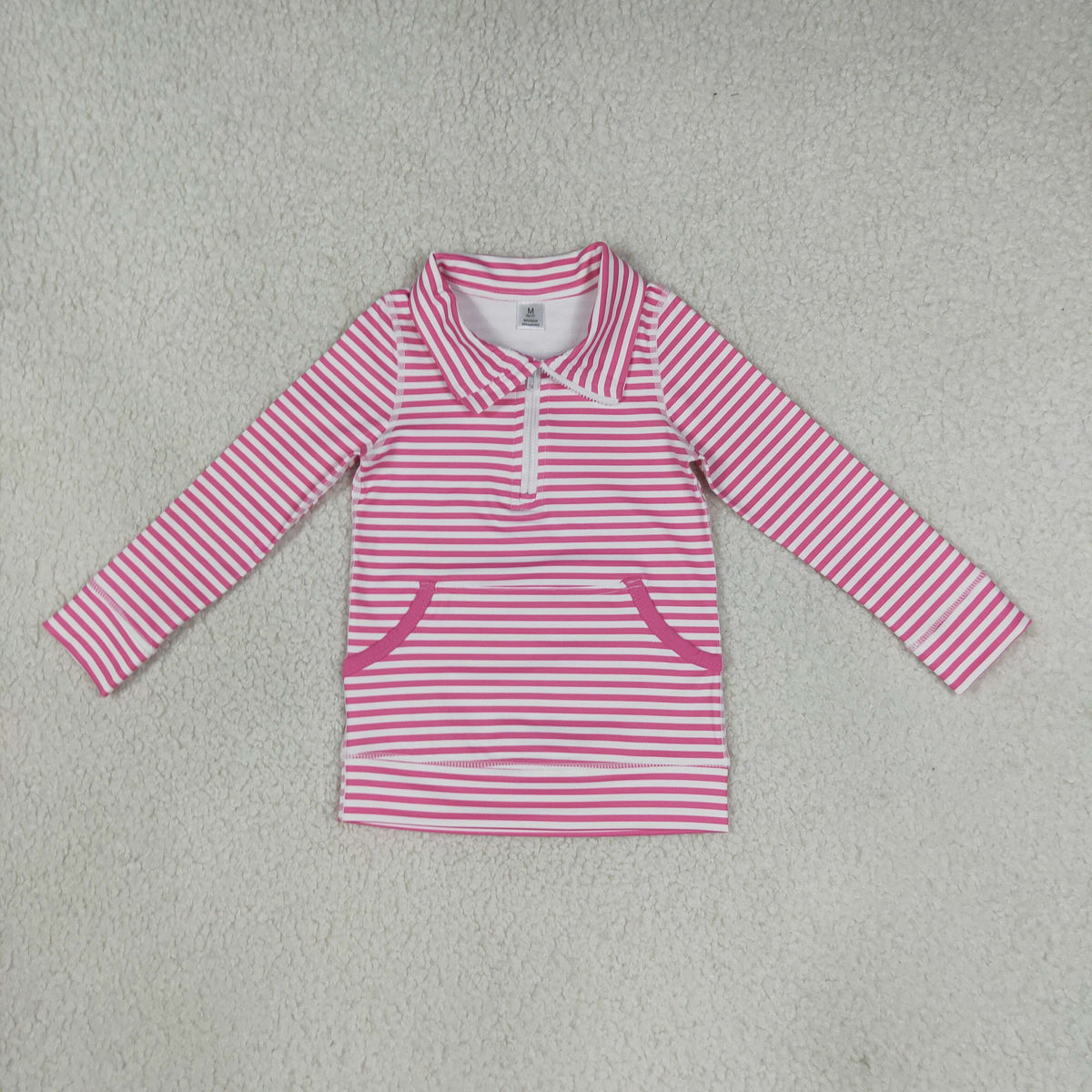 RTS NO MOQ yoga GT1783 Baby Girls Long Sleeve Pink Stripe Yoga Active Pockets Zip Pullovers Top