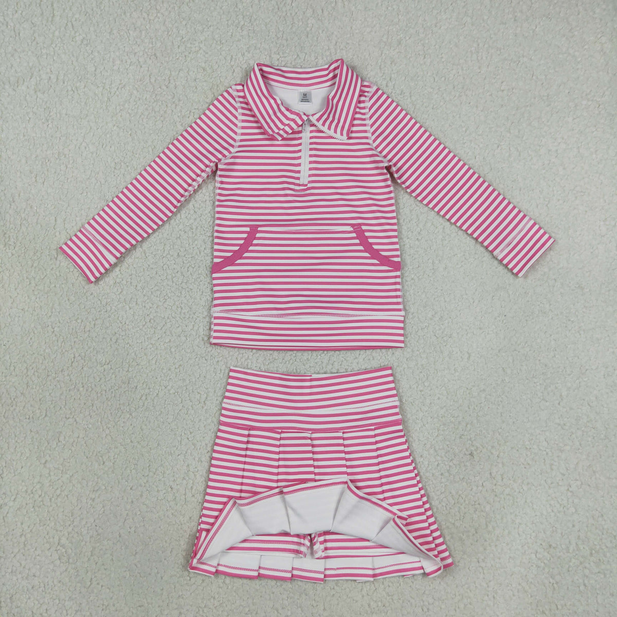 NEW RTS NO MOQ yoga fabric GLD1699(GT1783+GLK0335) Yoga Baby Girls Pink White Striped Half Zip Pocket Long Sleeve Top And Skort Yoga Set