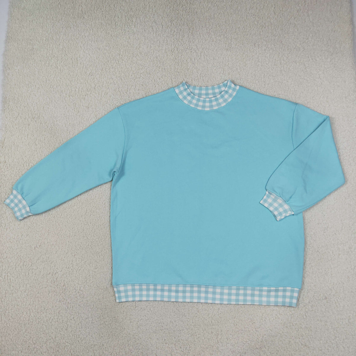 NEW RTS NO MOQ milk silk GT1795 Adult Women Blue Long Sleeve Sweater Gingham T-shirts Top