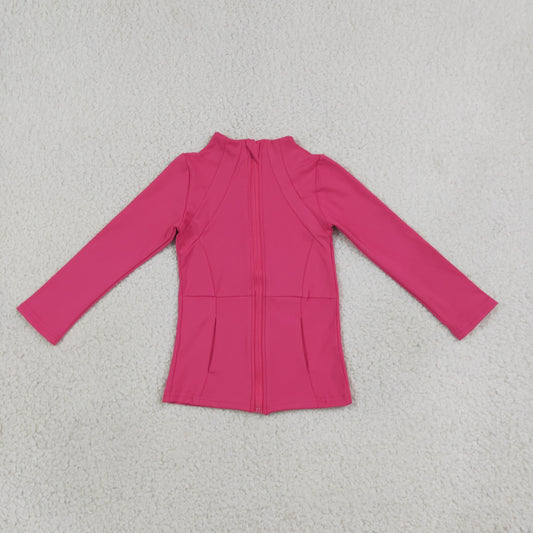 RTS NO MOQ yoga GT1802 Baby Girls Hot Pink Long Sleeves Yoga Active Pockets Zip Pullovers Tops