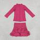 NEW RTS NO MOQ yoga fabric cotton GLD1703 （GT1802+GLK0079）Yoga Girls Hot pink Zip Long Sleeve Top Skorts Bottom Pleated Skirts Yoga Set