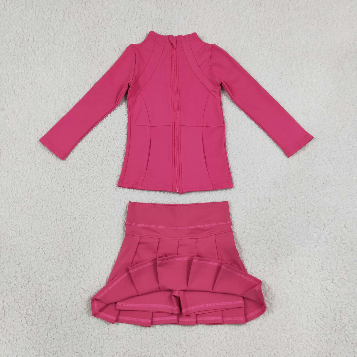 NEW RTS NO MOQ yoga fabric cotton GLD1703 （GT1802+GLK0079）Yoga Girls Hot pink Zip Long Sleeve Top Skorts Bottom Pleated Skirts Yoga Set