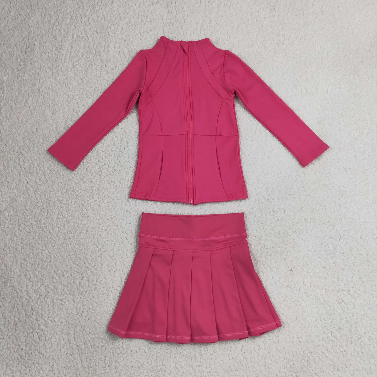 NEW RTS NO MOQ yoga fabric cotton GLD1703 （GT1802+GLK0079）Yoga Girls Hot pink Zip Long Sleeve Top Skorts Bottom Pleated Skirts Yoga Set