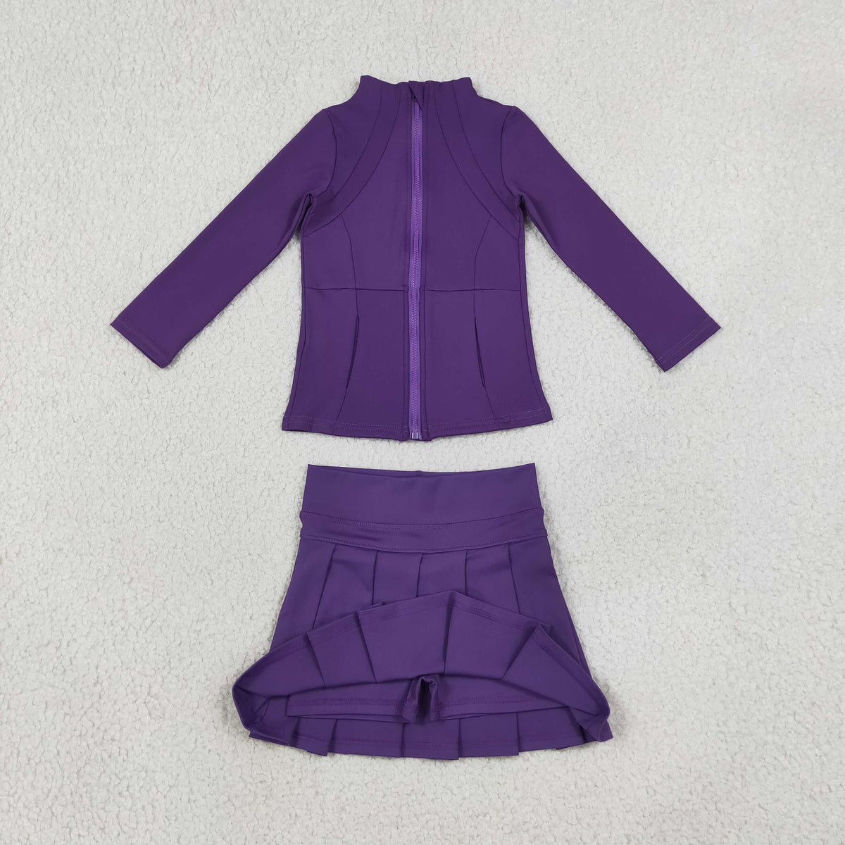 NEW RTS NO MOQ yoga fabric cotton GLD1704(GT1803+GLK0086)Baby Girls Purple Zip Jacket Pleated Skirt Short Yoga Active Clothes Set