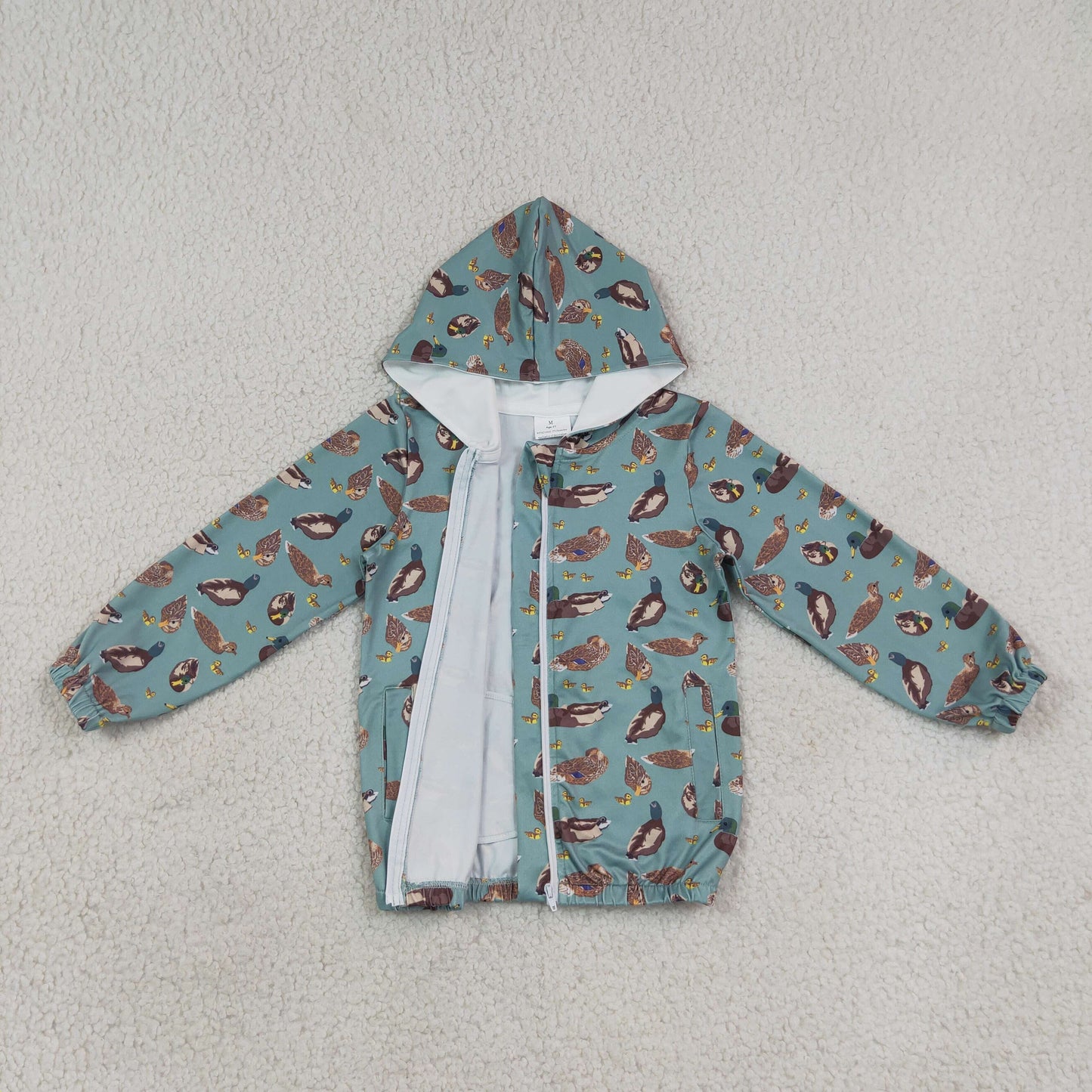 NEW RTS NO MOQ milk silk BT1818 Baby Boys Green Ducks Hunting Zip Pockets Hoodie Jacket Top