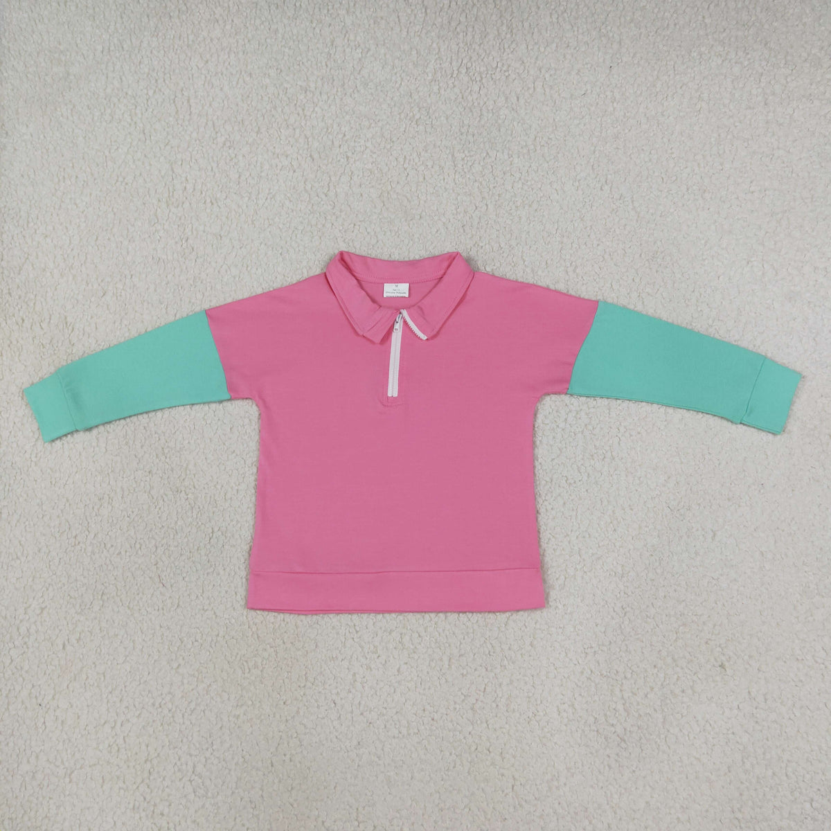 RTS NO MOQ yoga GT1820 Baby Girls Long Sleeve Pink Aqua Patchwork Zip Pullovers Top