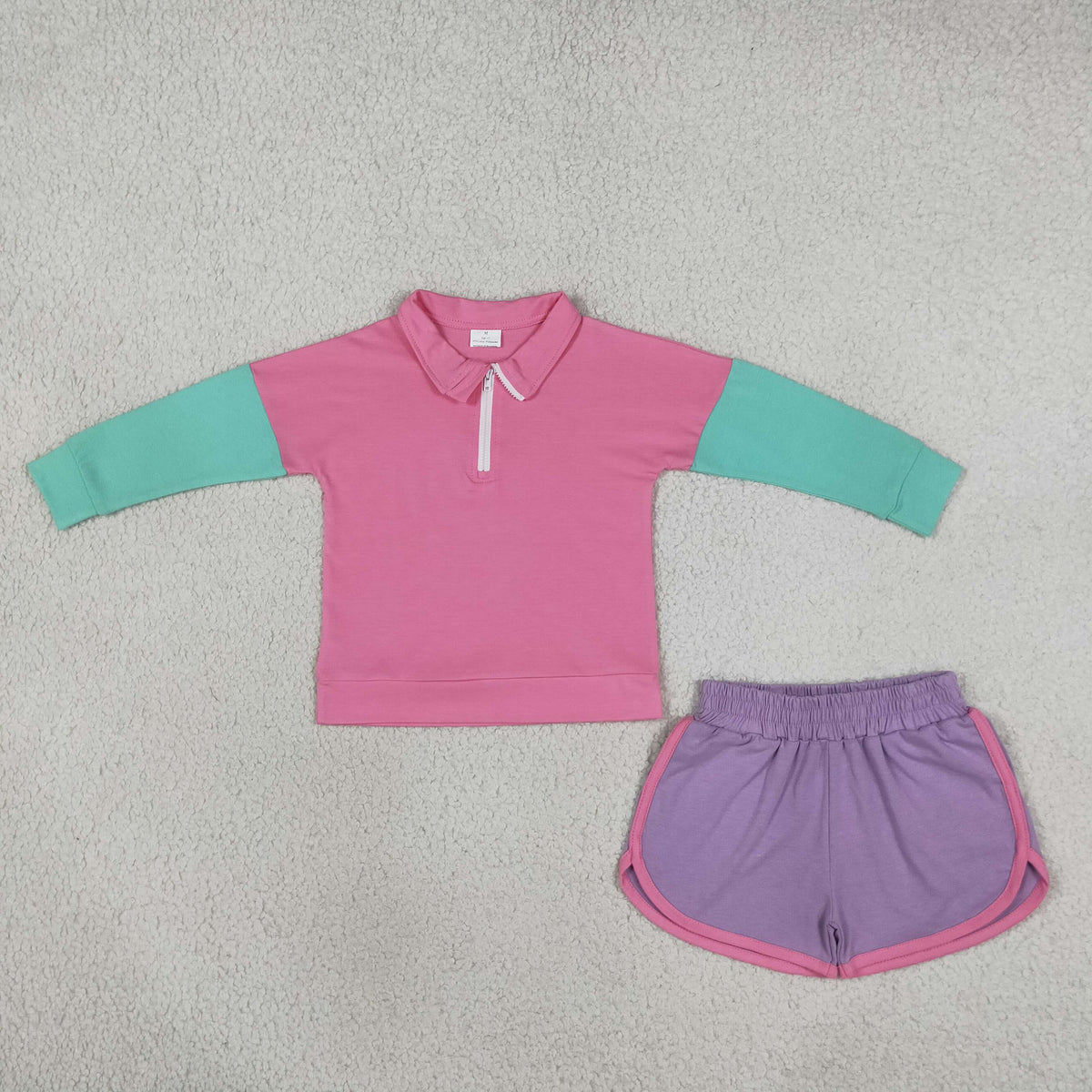 NEW RTS NO MOQ cotton GLS0193（GT1820+SS0991） Baby Girls Long Sleeve Patchwork Zip Pullovers Short Clothes Sets