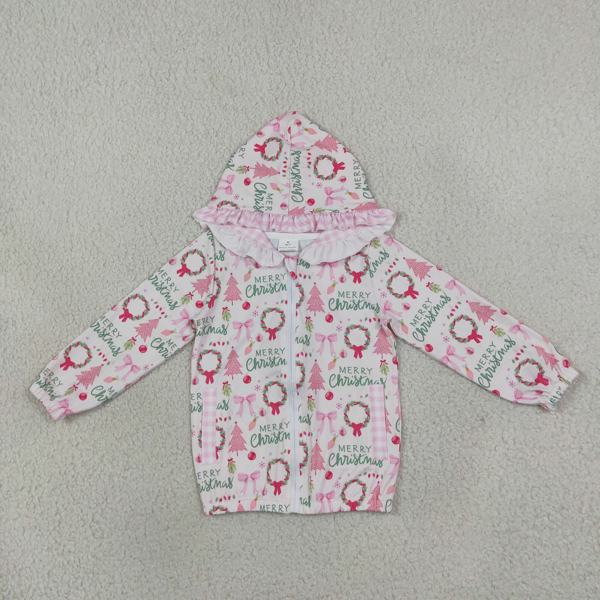 NEW RTS NO MOQ milk silk GT1822 Baby Girls Holly Trees Zip Pockets Christmas Ruffle Hoodie Jackets Top