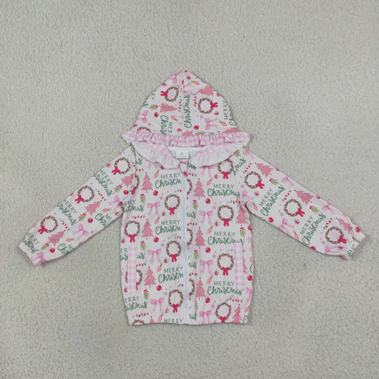 NEW RTS NO MOQ milk silk GT1822 Baby Girls Holly Trees Zip Pockets Christmas Ruffle Hoodie Jackets Top