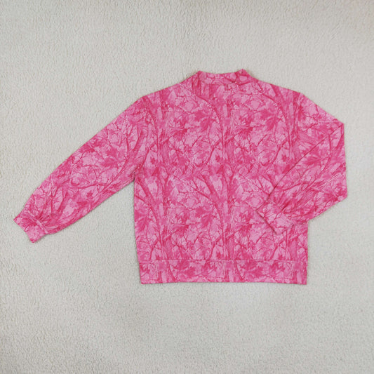 NEW RTS NO MOQ milk silk GT1824 Adult Women Pink Leaves Camo Long Sleeve Choker T-shirts Top