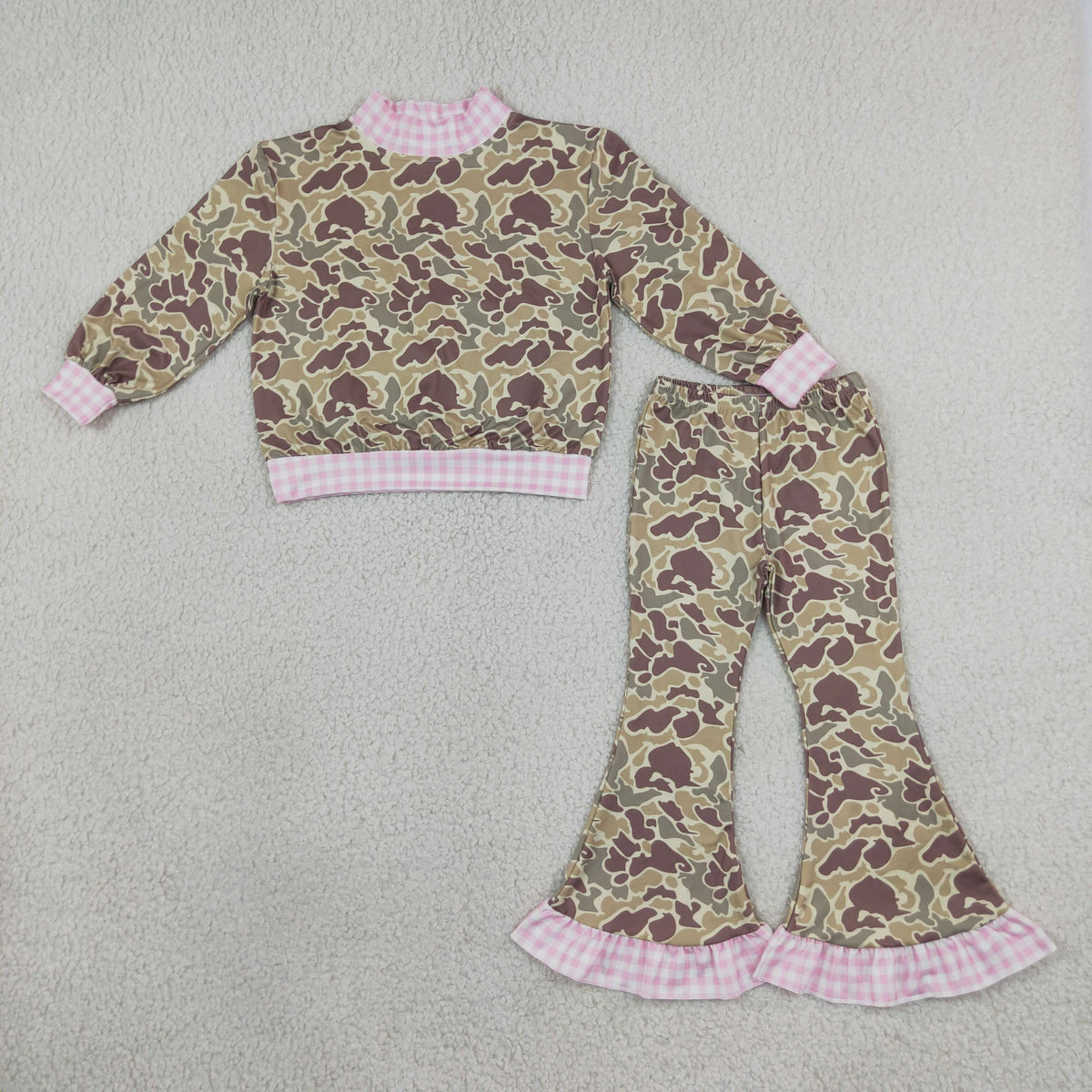 NEW RTS NO MOQ milk silk GLP3735 (GT1841+P1183)Baby Girls Khaki Camo Top Bell Bottom Pant Clothes Set