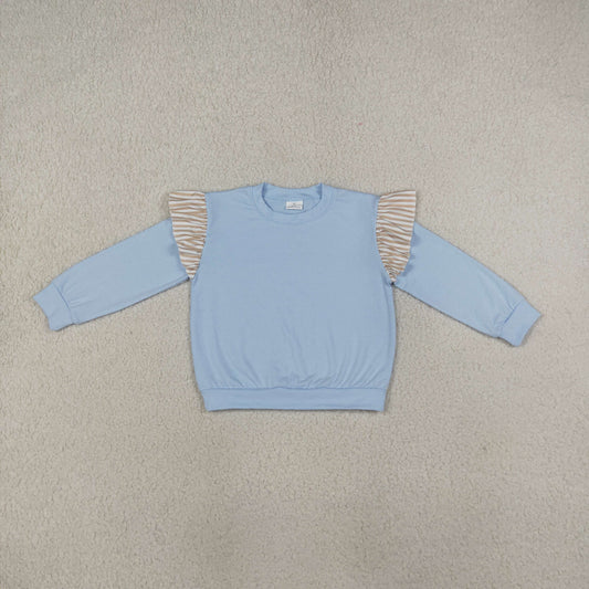 NEW RTS NO MOQ milk silk GT1843 Baby Girls Blue Long Flutter Sleeve T-shirts Top