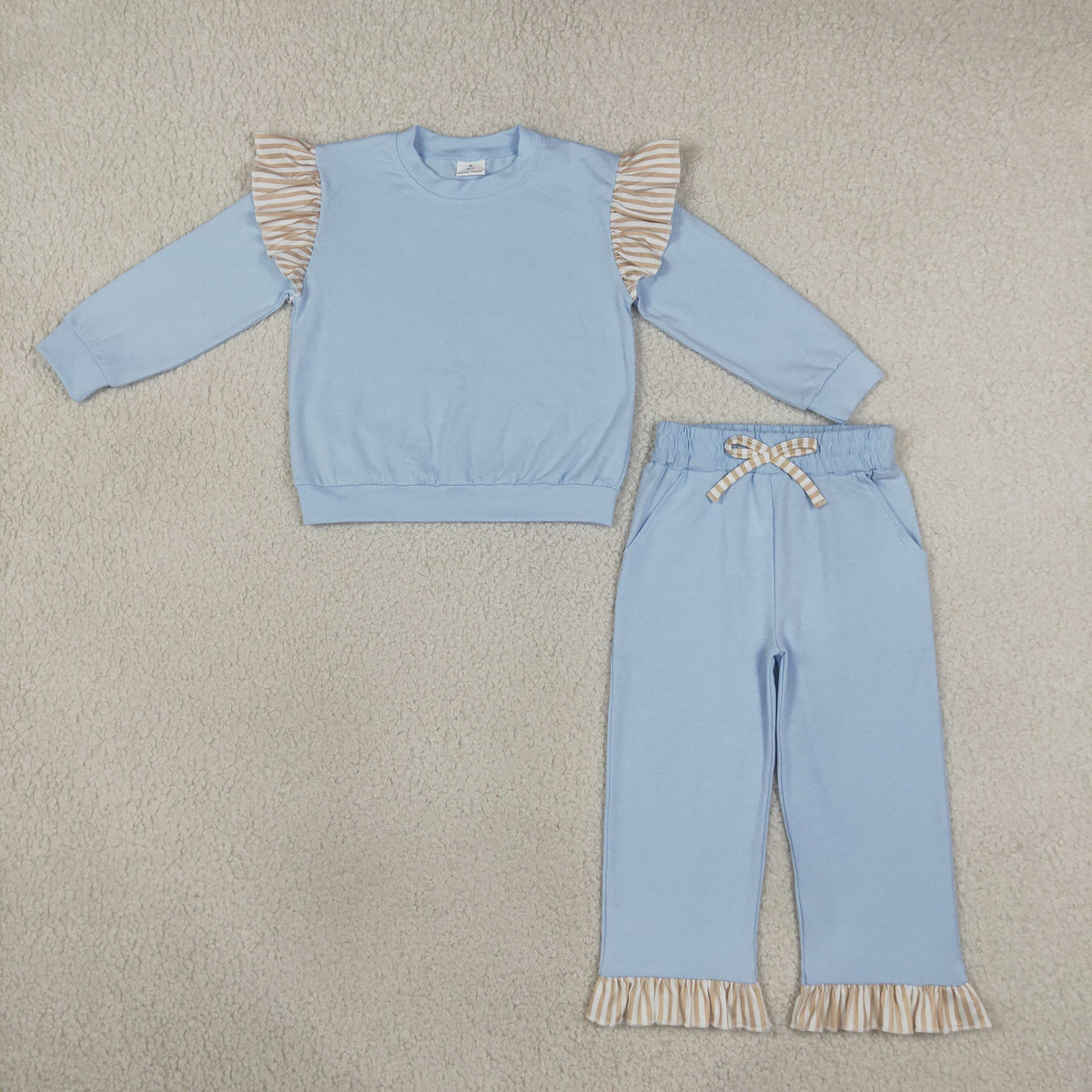 NEW RTS NO MOQ cotton GLP3696（GT1843+P1152）Baby Girls Light Blue Stripe Flutter Sleeve Top Pockets Ruffle Pant Clothes Set Cute Casual Outfit