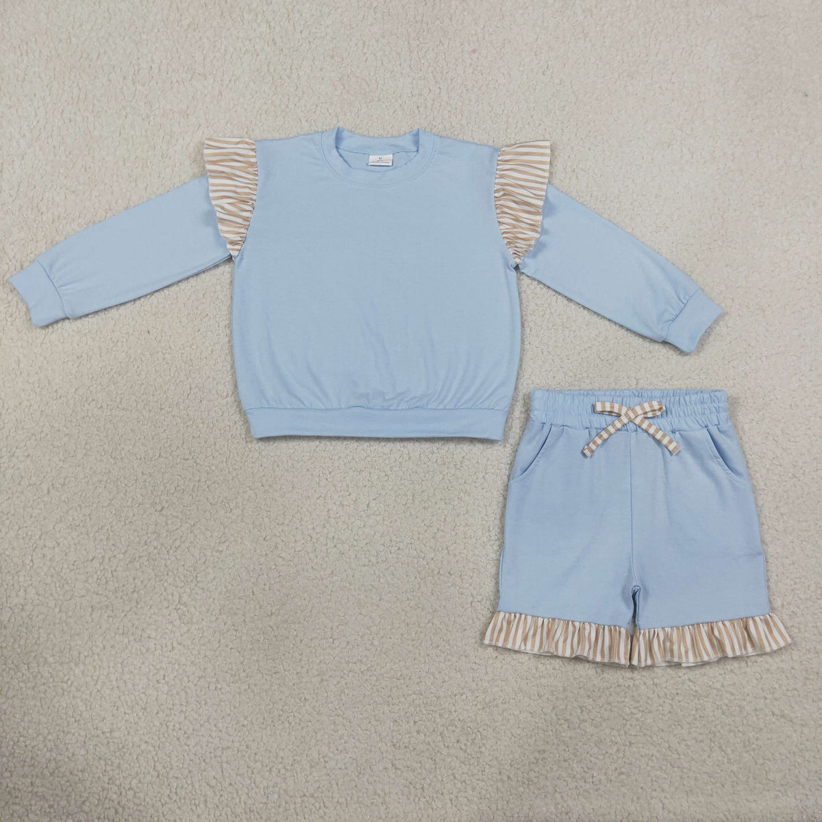 NEW RTS NO MOQ cotton GLS0216（GT1843+SS0995）Baby Girls Blue Stripe Flutter Sleeve Top Pockets Ruffle Short Set