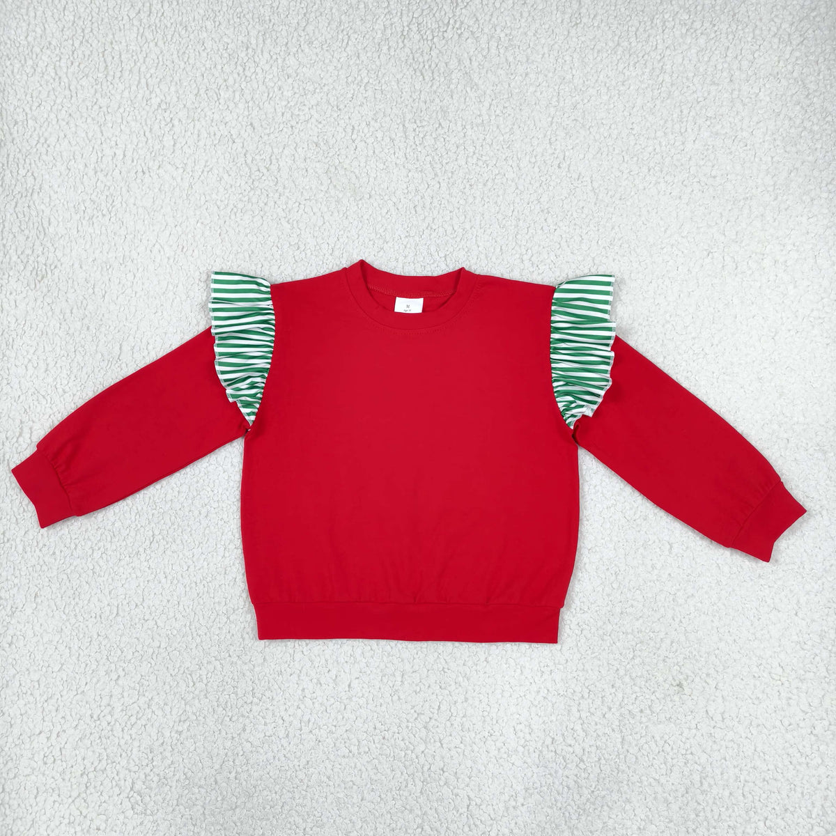 NEW RTS NO MOQ milk silk GT1844 Baby Girls Red Green Stripe Long Flutter Sleeve T-shirts Top
