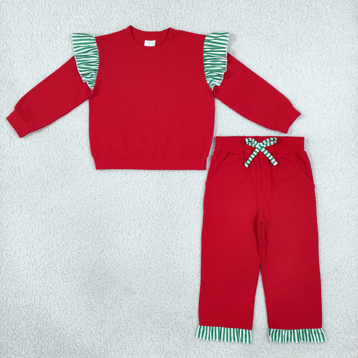 NEW RTS NO MOQ milk silk GLP3697（GT1844+P1153）Baby Girls Red Green Stripe Long Sleeve Top Pockets Ruffle Pant Set