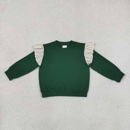 NEW RTS NO MOQ milk silk GT1845 Baby Girls Dark Green Stripe Long Flutter Sleeve T-shirts Top