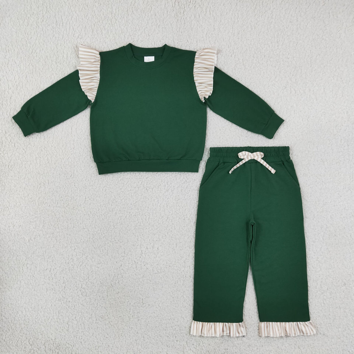 NEW RTS NO MOQ cotton GLP3698（GT1845+P1154）Baby Girls Green Stripe Flutter Sleeve Top Pockets Ruffle Pant Set