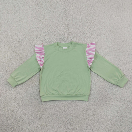 NEW RTS NO MOQ milk silk GT1847 Baby Girls Light Green Stripe Long Flutter Sleeve T-shirts Top