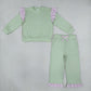 NEW RTS NO MOQ cotton GLP3700（GT1847+P1156）Baby Girls Light Green Stripe Flutter Sleeve Top Pockets Ruffle Pant Set