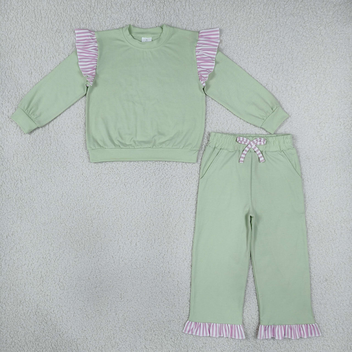 NEW RTS NO MOQ cotton GLP3700（GT1847+P1156）Baby Girls Light Green Stripe Flutter Sleeve Top Pockets Ruffle Pant Set