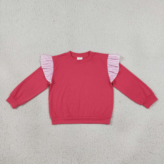 NEW RTS NO MOQ milk silk GT1848 Baby Girls Watermelon Red Stripe Long Flutter Sleeve T-shirts Top