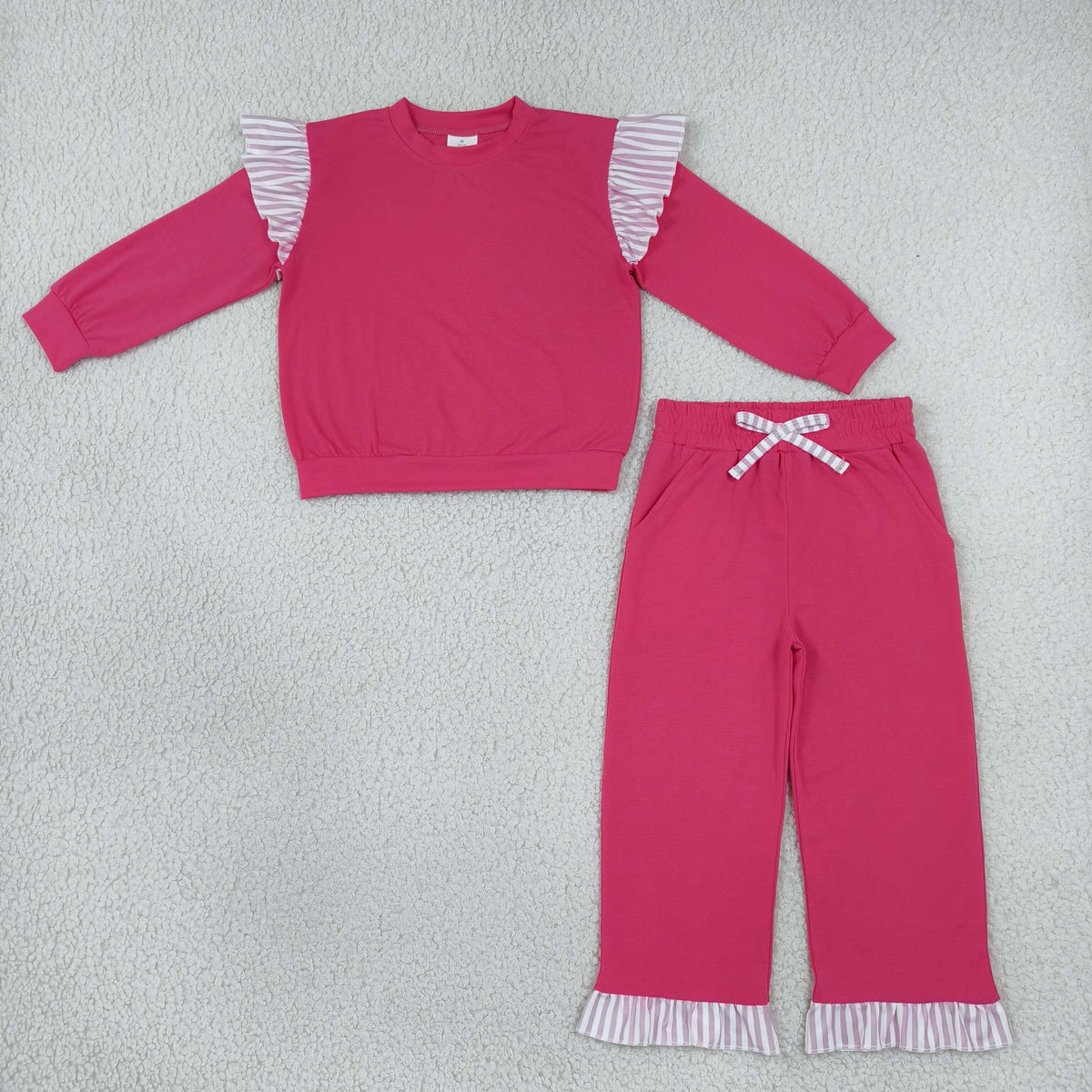 NEW RTS NO MOQ milk silk GLP3701（GT1848+P1157）Baby Girls Watermelon Red Stripe Flutter Sleeve Top Pockets Ruffle Pant Set