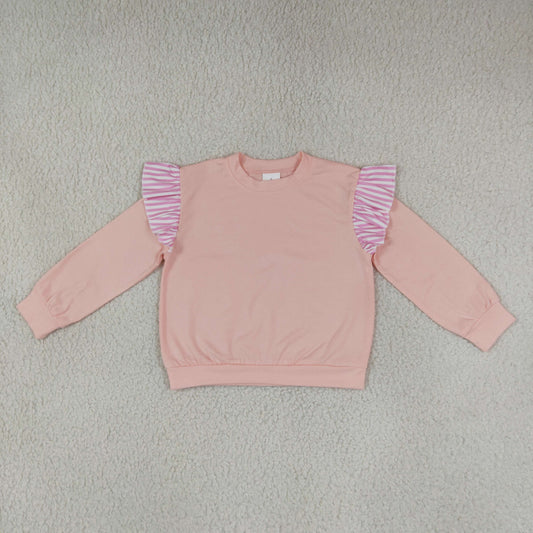 NEW RTS NO MOQ milk silk GT1849 Baby Girls Light Pink Stripe Long Flutter Sleeve T-shirts Top