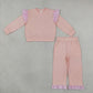 NEW RTS NO MOQ milk silk GLP3702（GT1849+P1151）Baby Girls Light Pink Stripe Flutter Sleeve Top Pockets Ruffle Pant Clothes Set