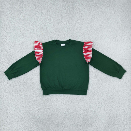NEW RTS NO MOQ milk silk GT1850 Baby Girls Green Red Stripe Long Flutter Sleeve Fall T-shirts Top