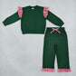 NEW RTS NO MOQ milk silk GLP3703（GT1850+P1158）Baby Girls Long Sleeve Green Top Pockets Ruffle Pant Set