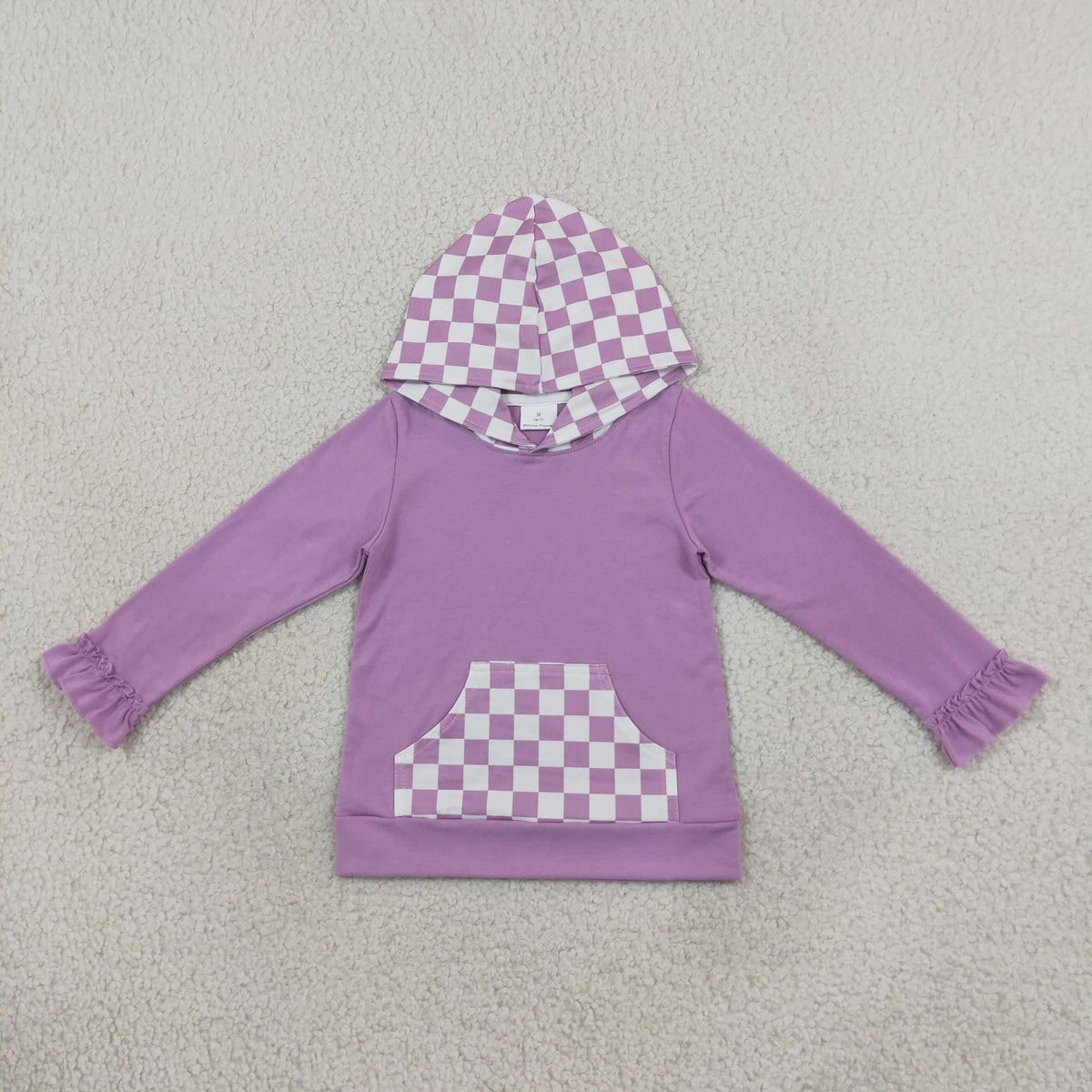 NEW RTS NO MOQ milk silk GT1852 Baby Girls Long Ruffle Sleeve Lavender Checked Pocket Hoodies Top