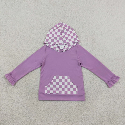 NEW RTS NO MOQ milk silk GT1852 Baby Girls Long Ruffle Sleeve Lavender Checked Pocket Hoodies Top