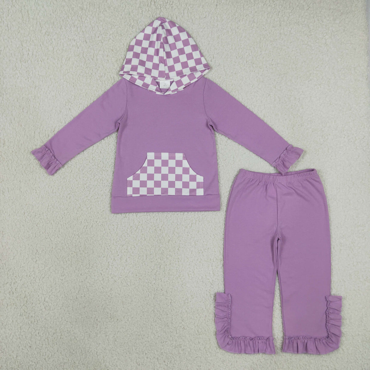 NEW RTS NO MOQ milk silk GLP3710（GT1852+P1162）Baby Girls Lavender Checked Pocket Hoodie Ruffle Pant Casual Outfit