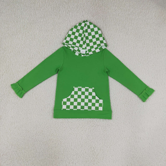 NEW RTS NO MOQ milk silk GT1855 Baby Girls Long Ruffle Sleeve Green Checked Pocket Hoodies Top