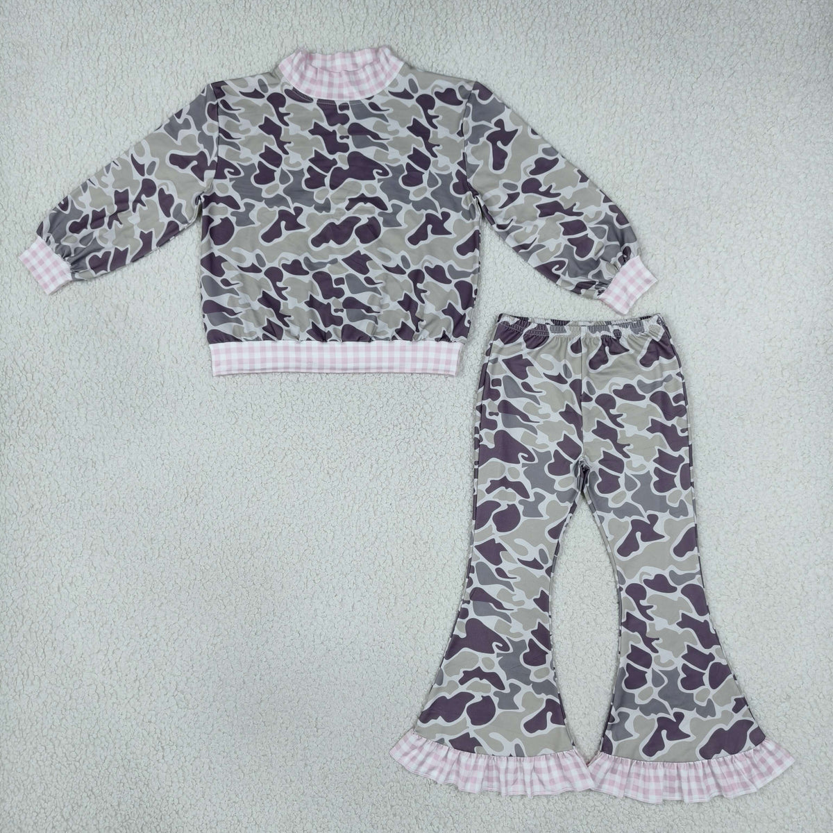 NEW RTS NO MOQ milk silk GLP3736（GT1873+P1184）High Neck Baby Girls Grey Camo Choker Top Ruffle Flare Pant Clothes Set