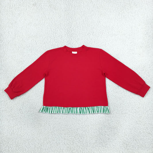 NEW RTS NO MOQ milk silk GT1935 Baby Girls Red Green Stripe Long Sleeve Ruffle T-shirts Top