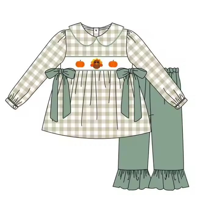 6.9 Girls Pumpkin Thanksgiving Green Turkey Long Sleeve Suit
