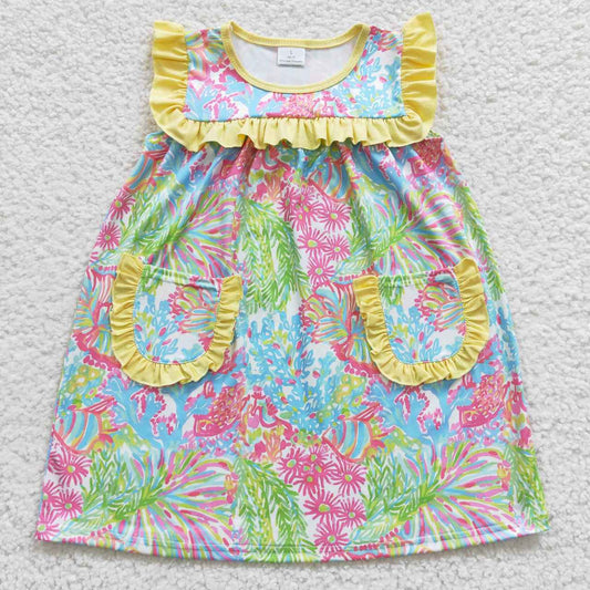 colorful flower girls sleeveless dress pocket skirt