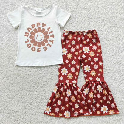 happy little soul smiley face shirt & floral bell pants girls sets kids clothes