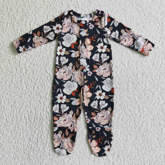 LR0116 Black floral long-sleeved jumpsuit