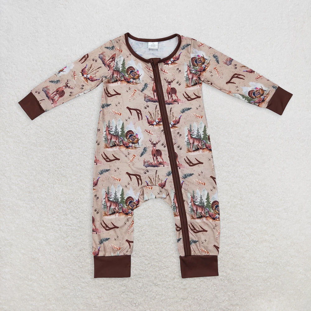 RTS NO MOQ Sibling milk silk Baby Infant Boys Fall Deers Hunting Turkey Bamboo Zip Rompers Set