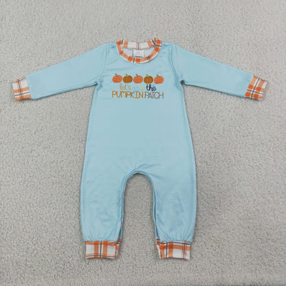 RTS NO MOQ Sibling milk silk Baby Girls Blue Pumpkin Ruffle Top and Plaid Ruffle Pants Set Long Sleeve Romper
