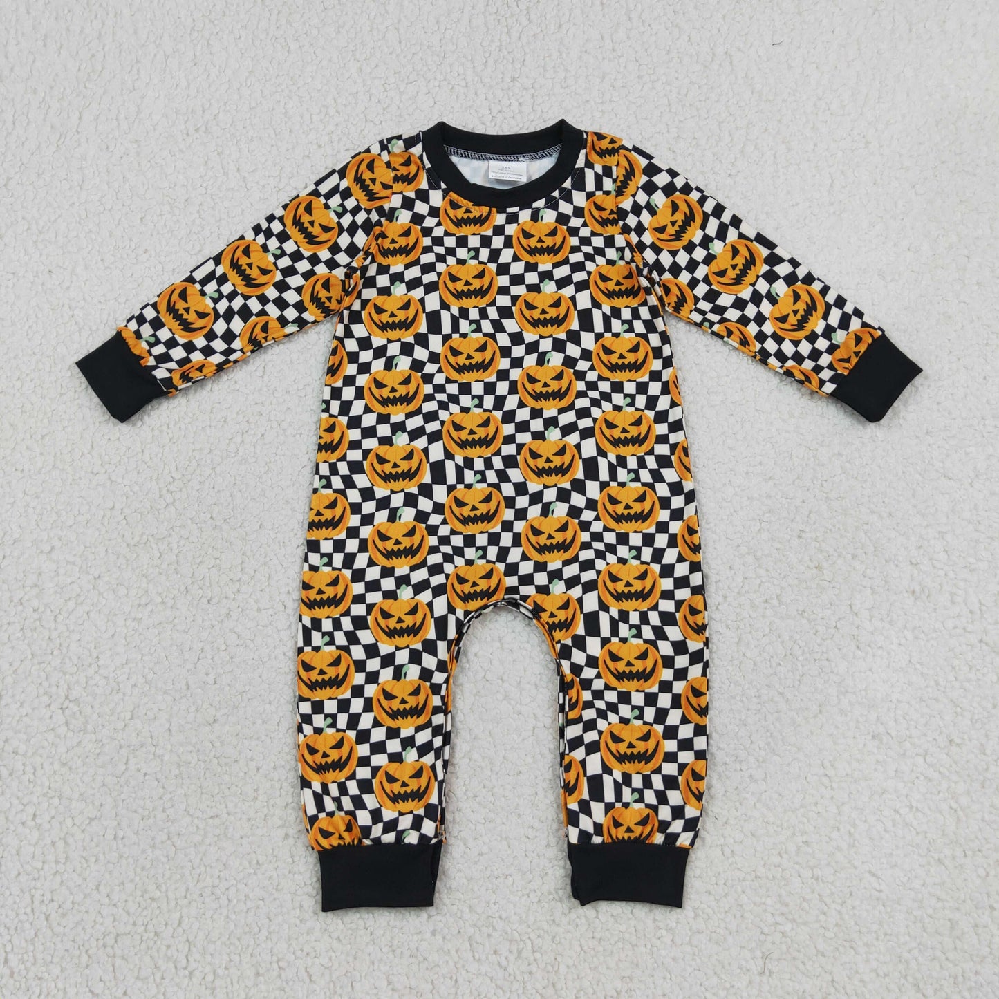 NEW RTS NO MOQ milk silk LR1389 Baby Boys Ghost Pumpkins Black Checkered Halloween Pant Rompers
