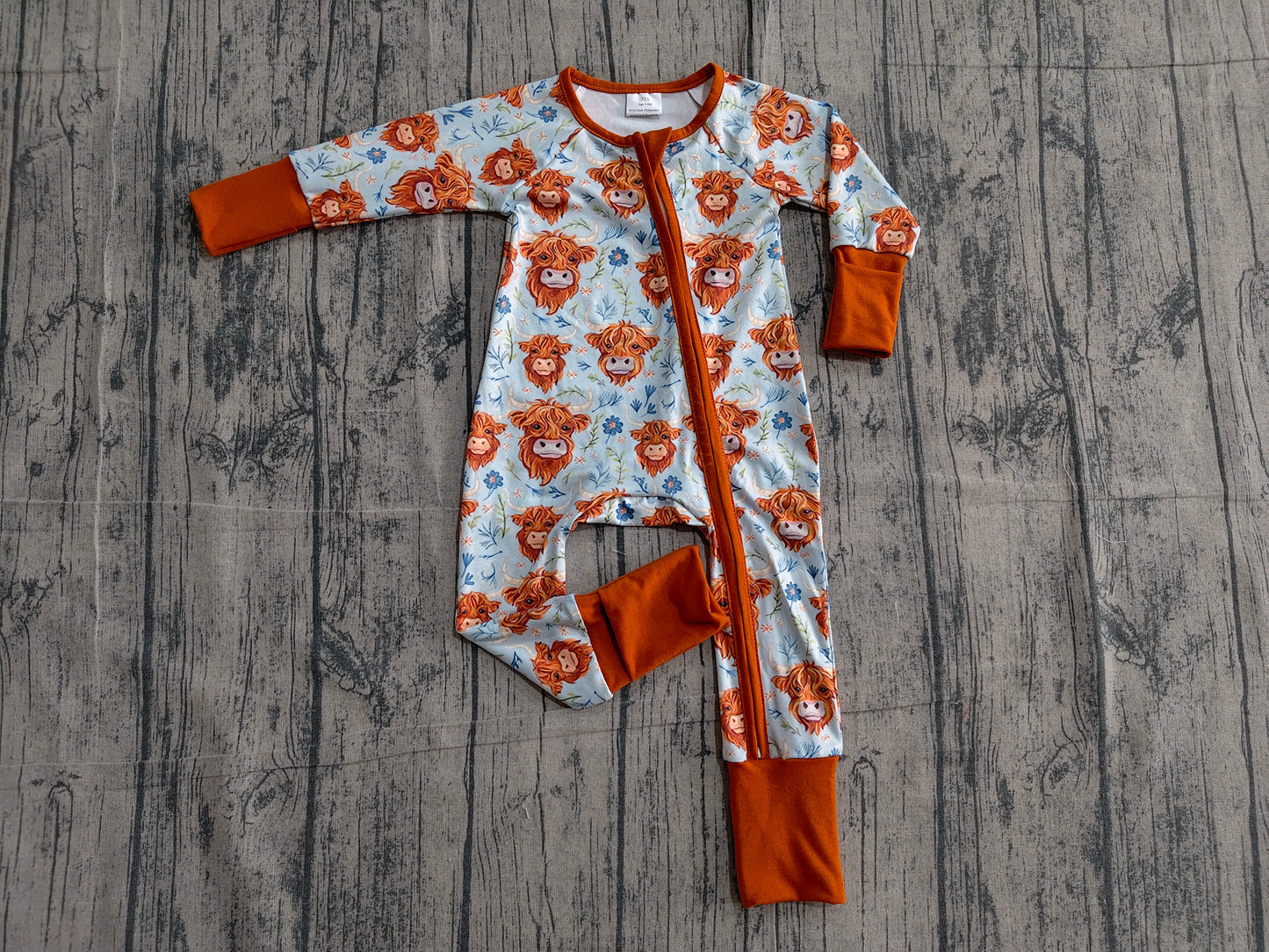 LR1787Baby Girls Highland Cows Flowers Western Two Way Zip Convertible Rompers