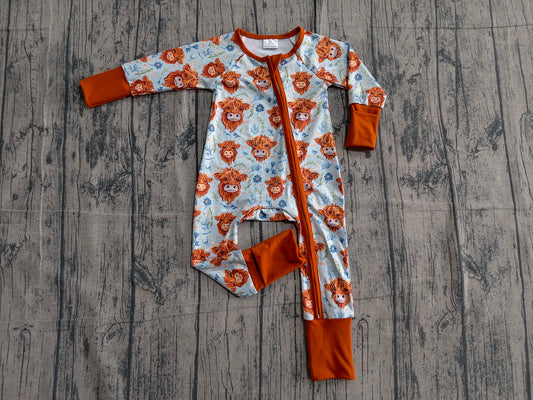 LR1787Baby Girls Highland Cows Flowers Western Two Way Zip Convertible Rompers