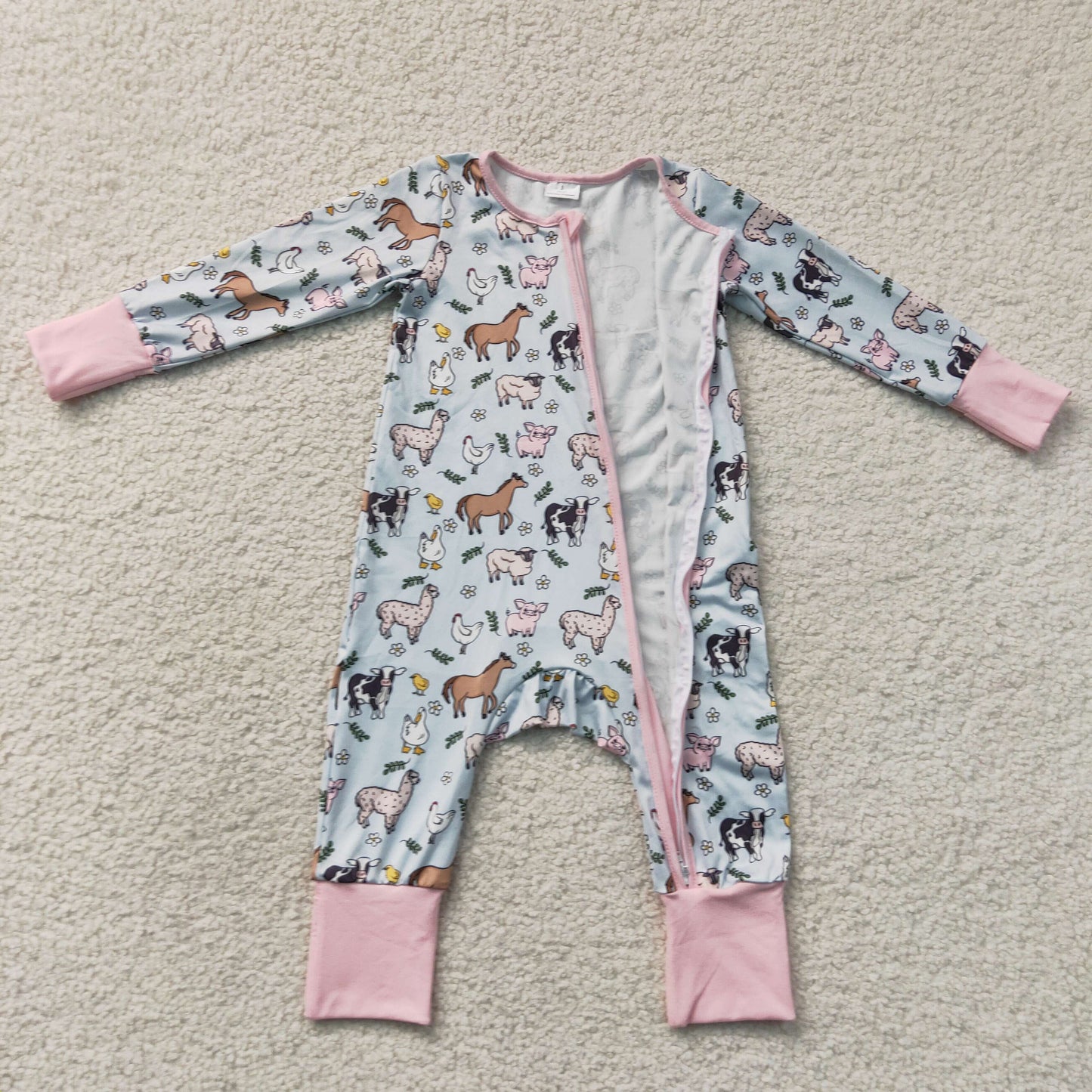 RTS NO MOQ milk silk LR2401 Baby Girls Long Sleeves Horses Chicks Farm Two Way Zip Convertible Rompers