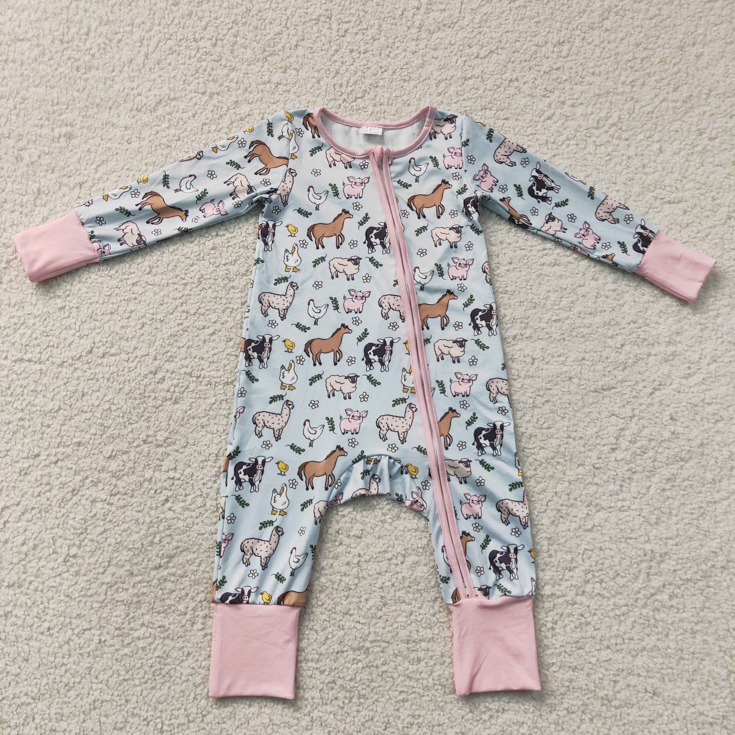 RTS NO MOQ milk silk LR2401 Baby Girls Long Sleeves Horses Chicks Farm Two Way Zip Convertible Rompers