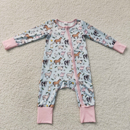 RTS NO MOQ milk silk LR2401 Baby Girls Long Sleeves Horses Chicks Farm Two Way Zip Convertible Rompers