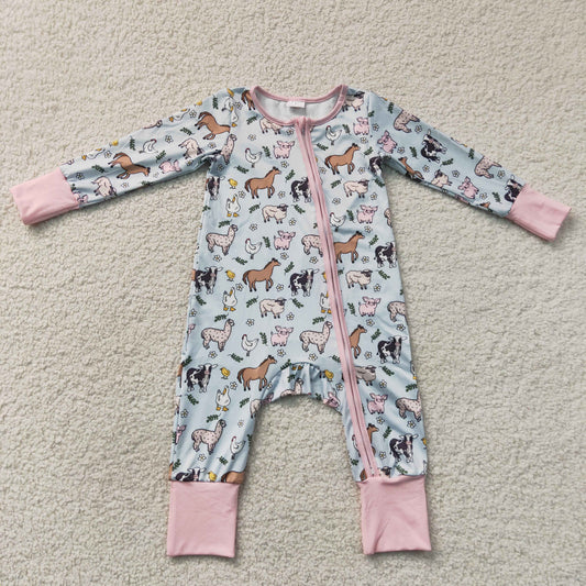 RTS NO MOQ milk silk LR2401 Baby Girls Long Sleeves Horses Chicks Farm Two Way Zip Convertible Rompers